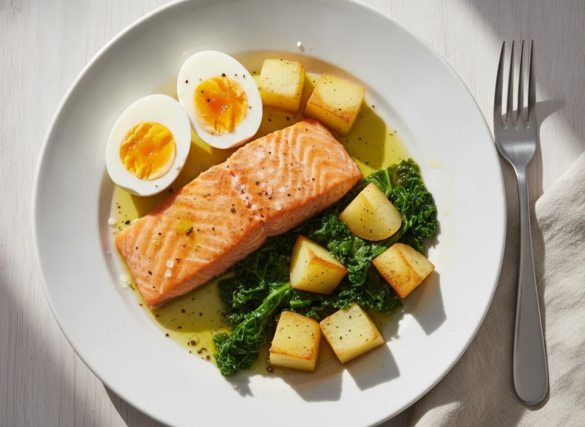 Salmão cozido com legumes e ovo photo