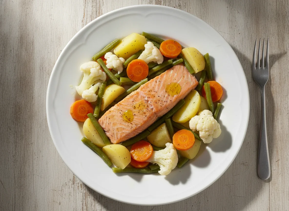 Salmão cozido com legumes photo