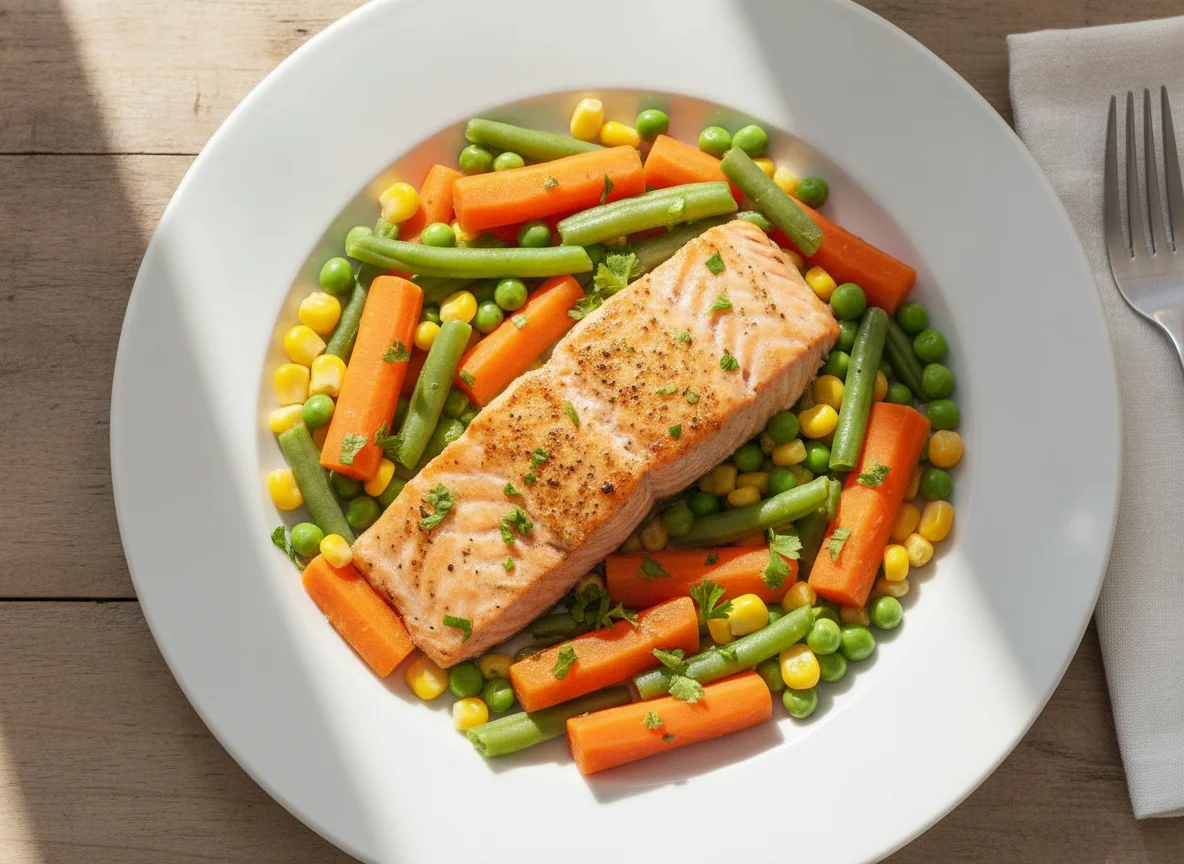 Salmão cozido com mix de vegetais photo