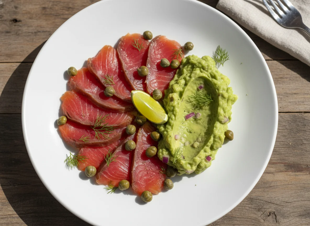 Salmão defumado com guacamole e alcaparras photo