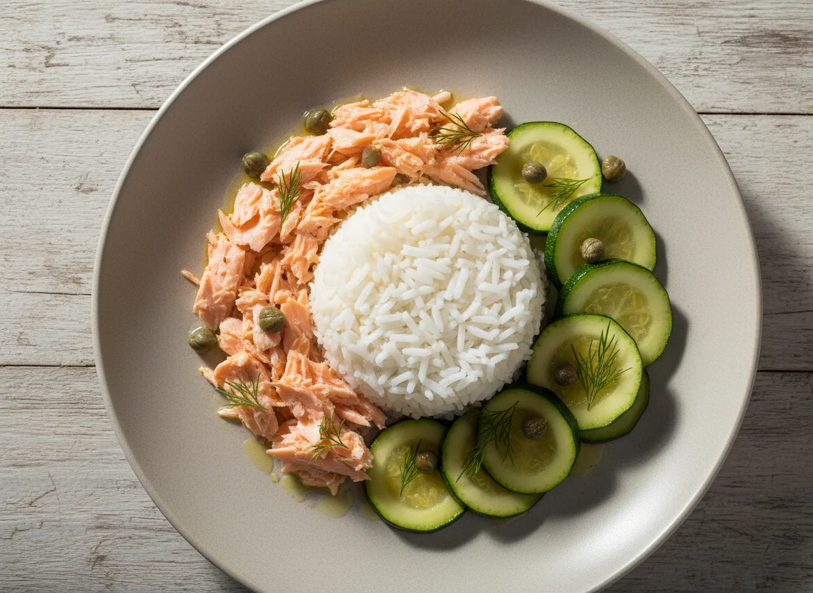 Salmão desfiado com arroz e abobrinha photo