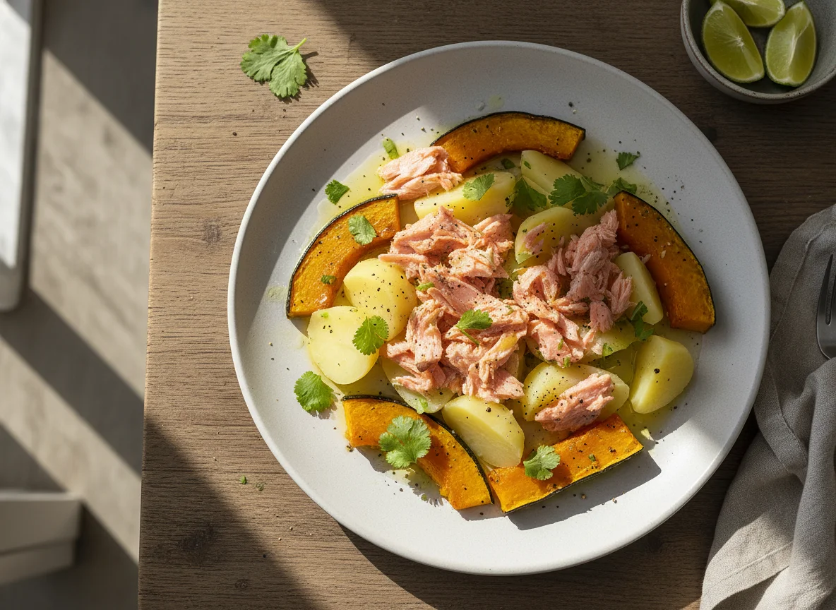 Salmão desfiado com batatas cozidas e abóbora photo