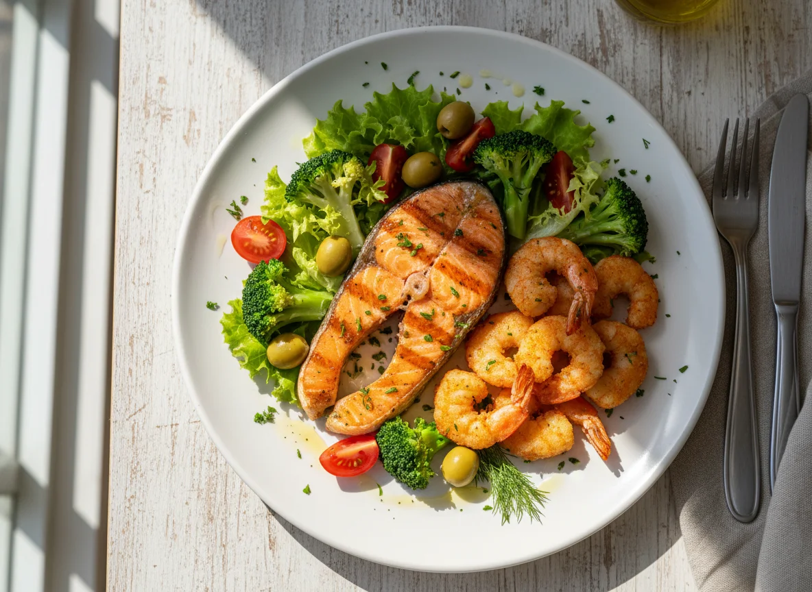 Salmão e Camarão com Salada photo