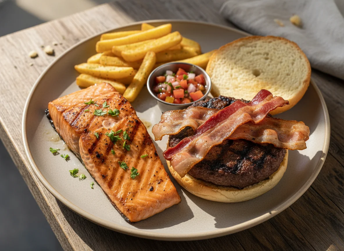 Salmão e Hambúrguer com Bacon photo
