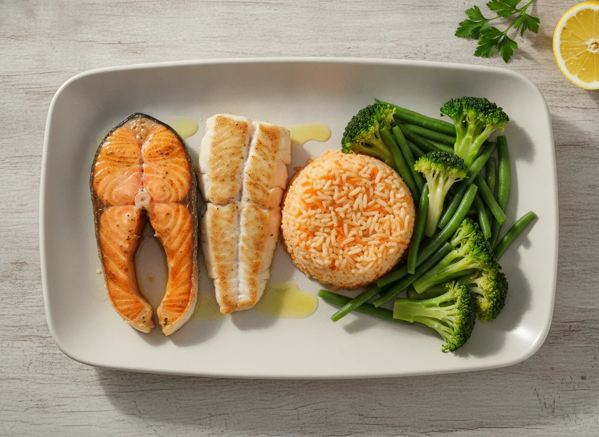 Salmão e Peixe Branco com Arroz de Cenoura e Legumes photo