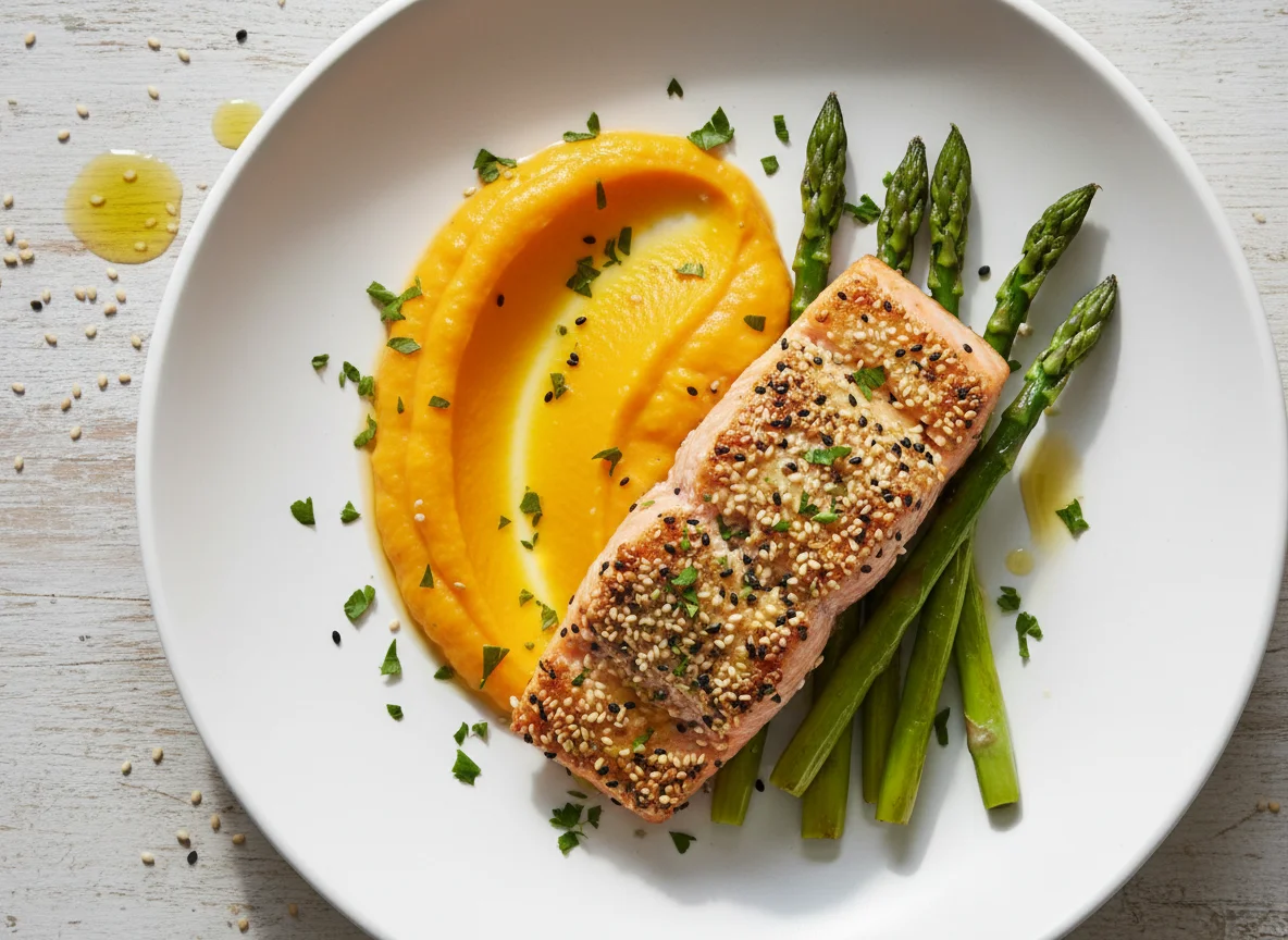 Salmão em crosta de gergelim com purê de abóbora e aspargos photo