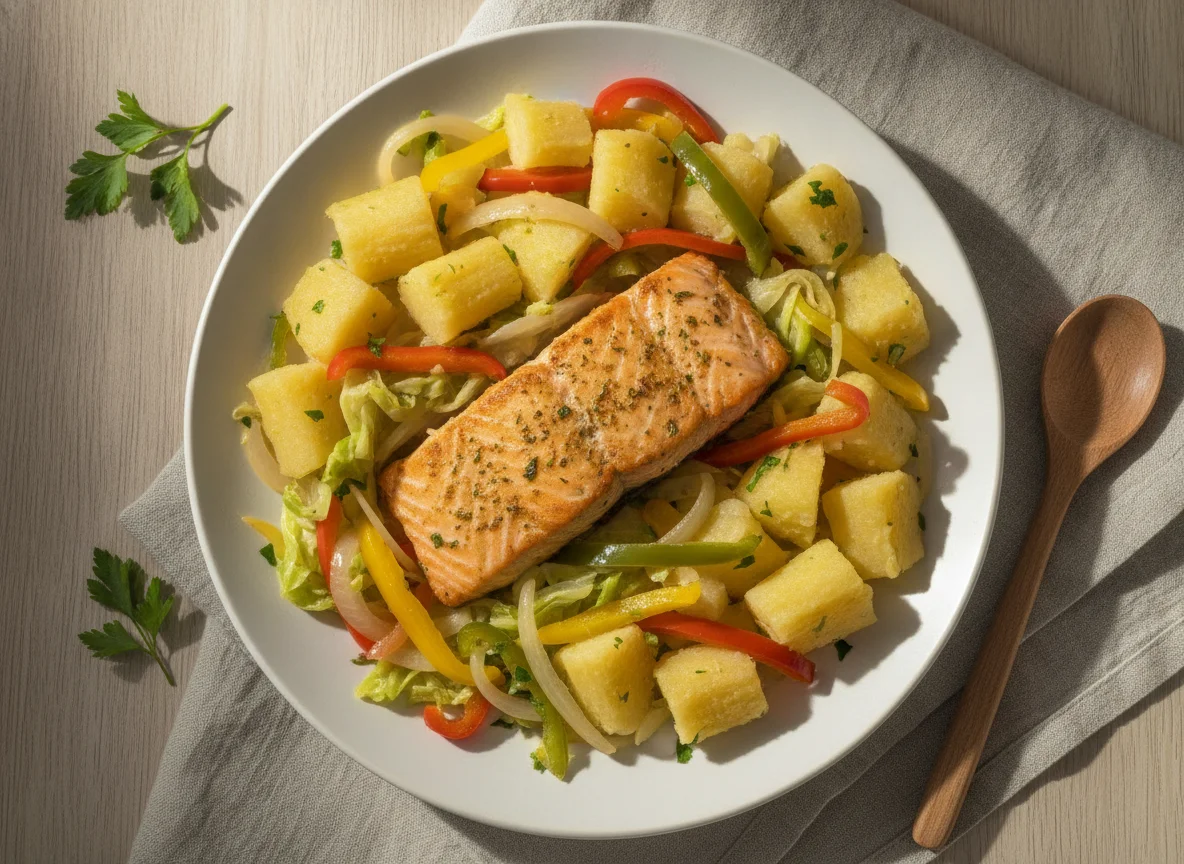 Salmão frito com mandioca e legumes photo