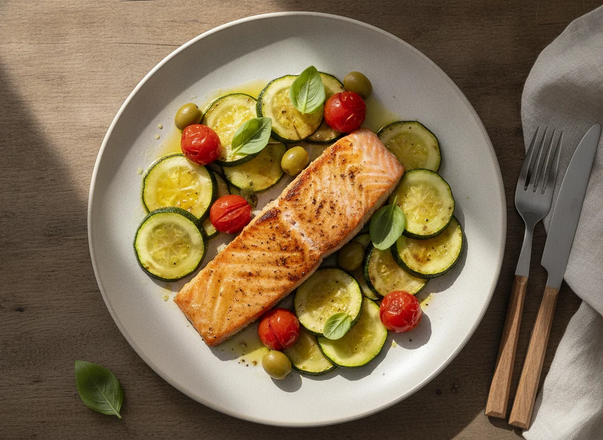 Salmão Grelhado com Abobrinha e Tomate Cereja photo