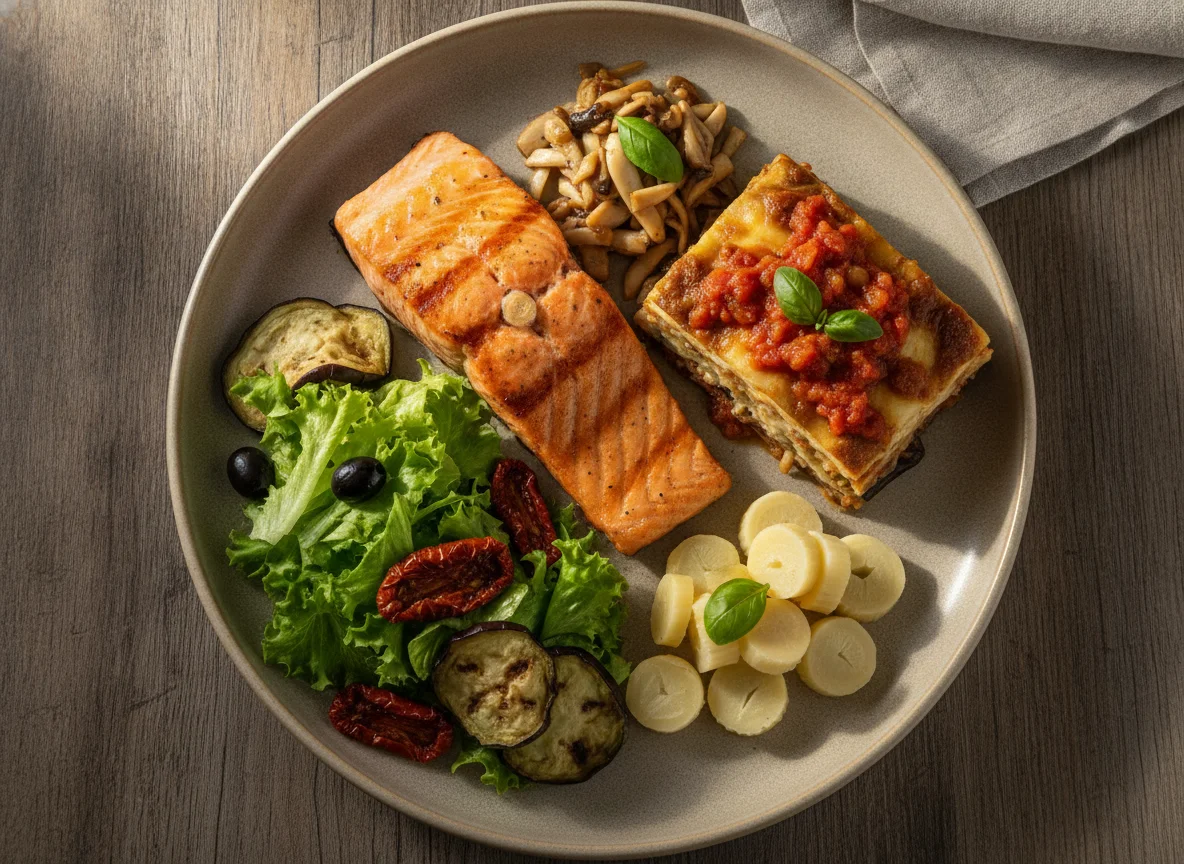 Salmão grelhado com acompanhamentos variados photo