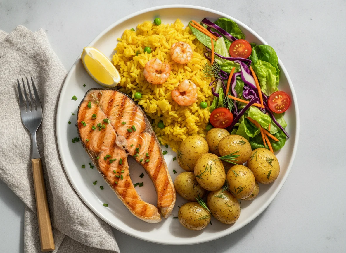 Salmão grelhado com arroz amarelo, batatas e salada photo