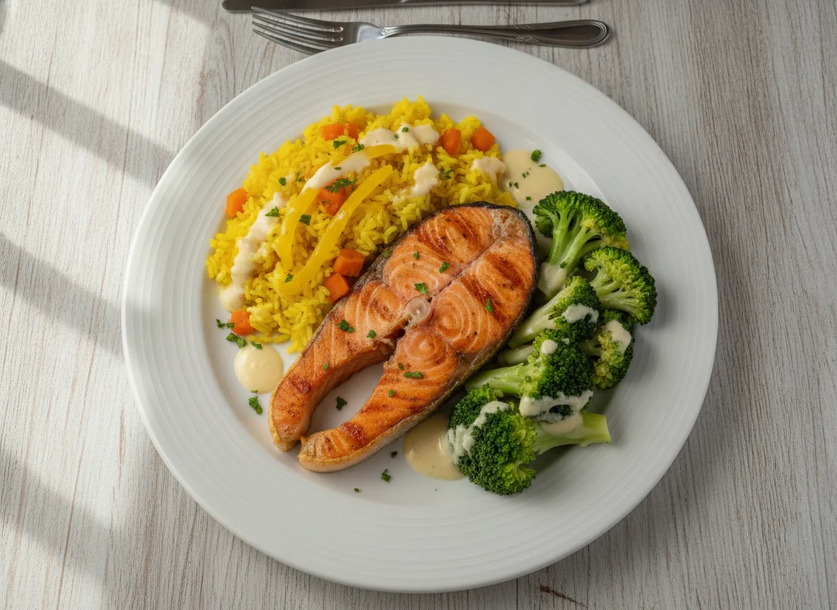 Salmão grelhado com arroz amarelo e brócolis photo