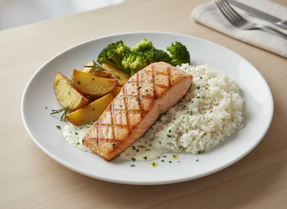 Salmão grelhado com arroz, batatas e brócolis photo