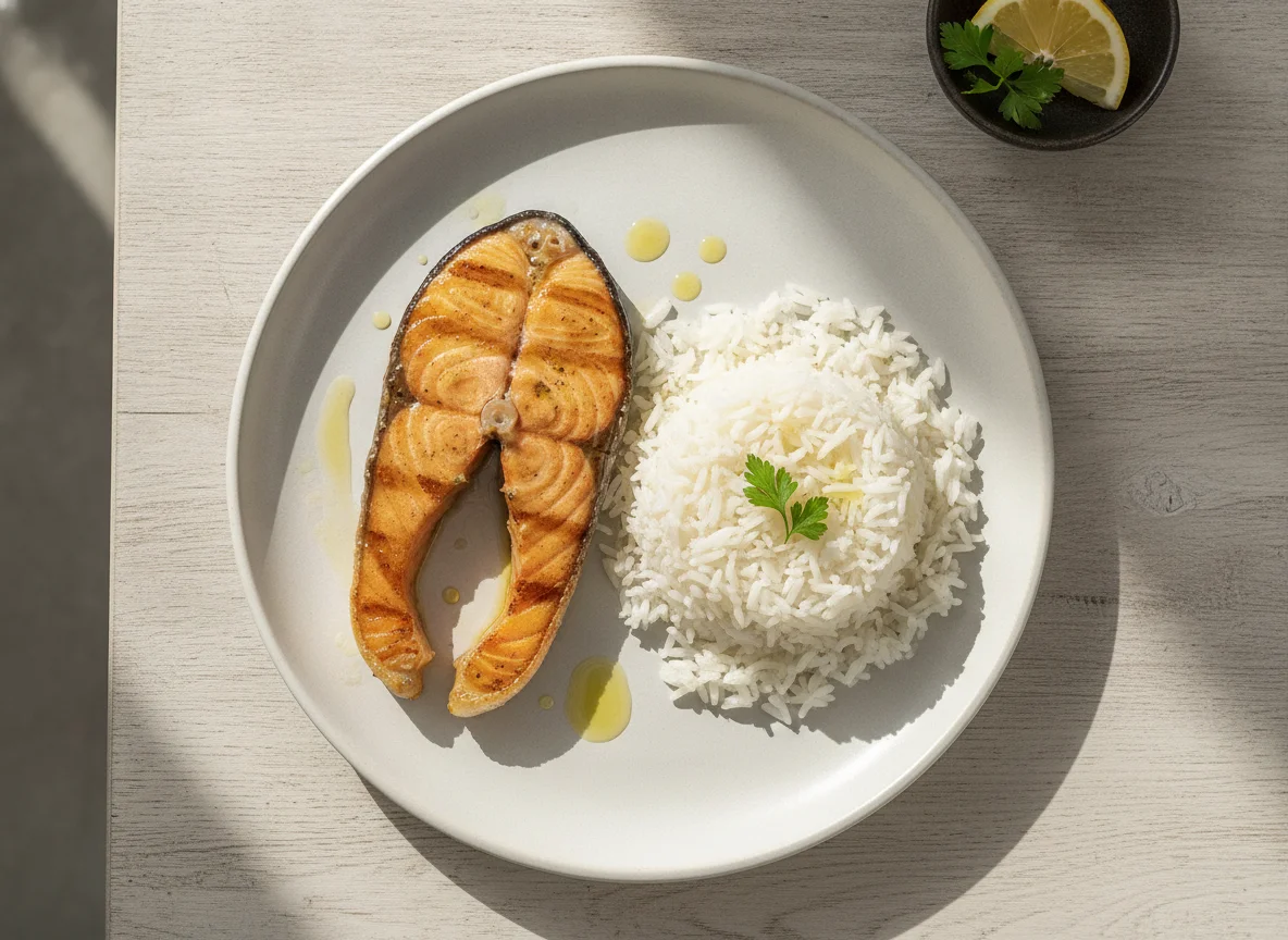 Salmão Grelhado com Arroz Branco photo