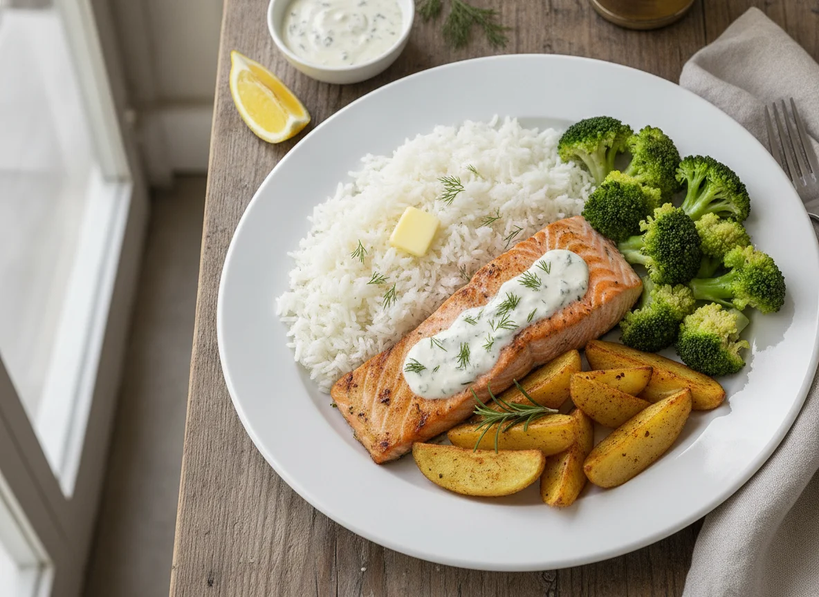 Salmão grelhado com arroz, brócolis e batatas photo