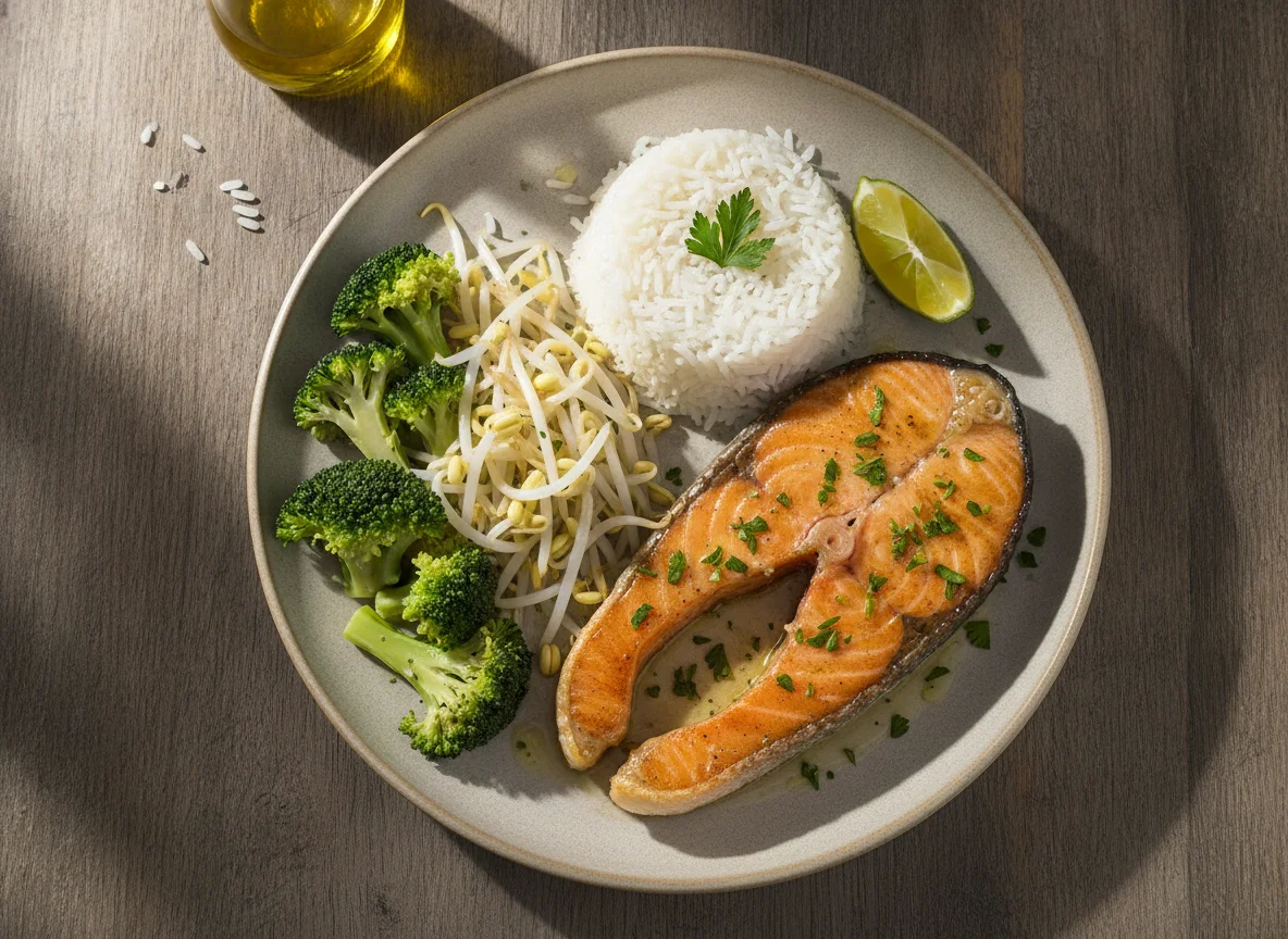 Salmão grelhado com arroz, brócolis e broto de feijão photo