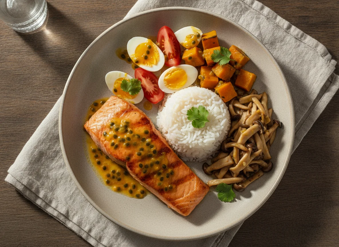 Salmão grelhado com arroz, cogumelos e salada photo