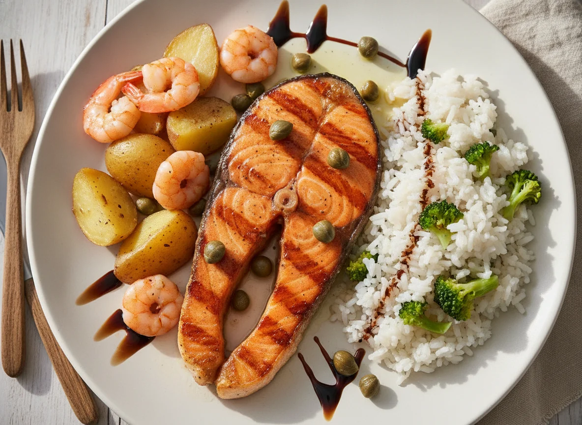 Salmão grelhado com arroz de brócolis e batatas photo