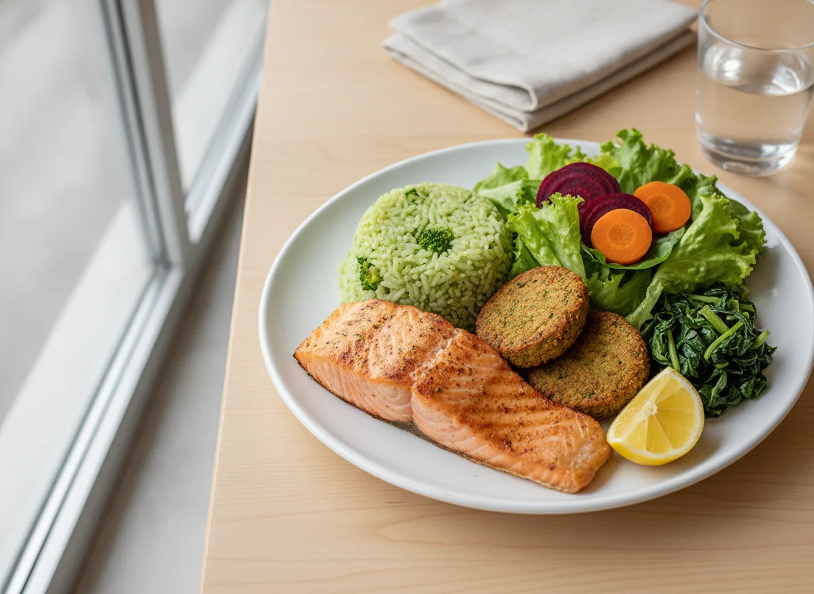 Salmão Grelhado com Arroz de Brócolis, Salada e Falafel photo
