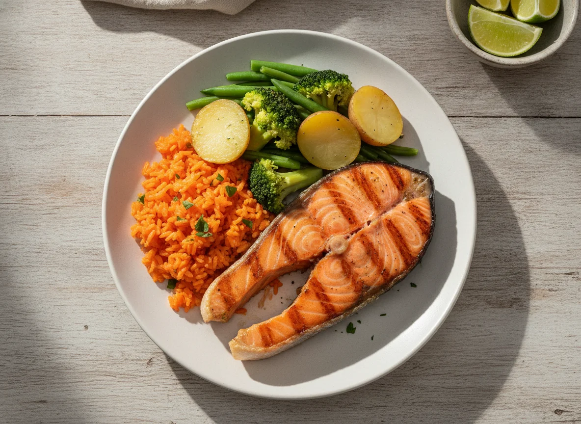 Salmão grelhado com arroz de cenoura e legumes photo