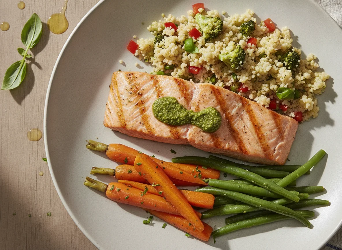 Salmão Grelhado com Arroz de Couve-Flor, Cenouras e Vagem photo