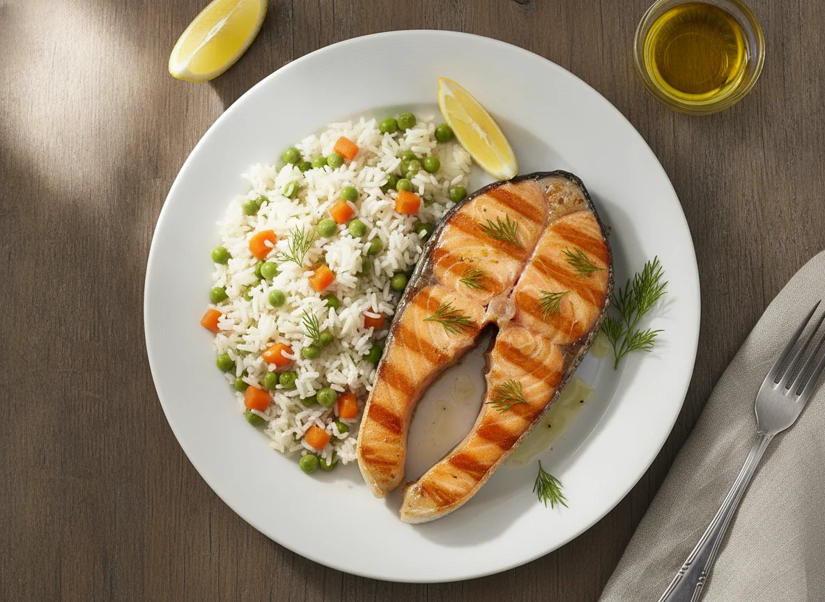 Salmão Grelhado com Arroz de Ervilhas e Cenoura photo