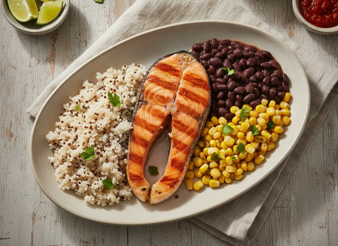 Salmão grelhado com arroz de Konjac, feijão, milho e quinoa photo