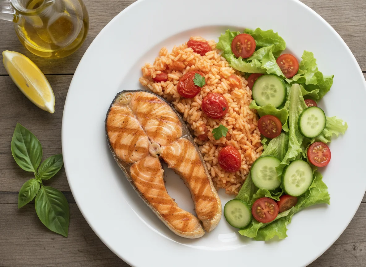 Salmão grelhado com arroz de tomate e salada photo