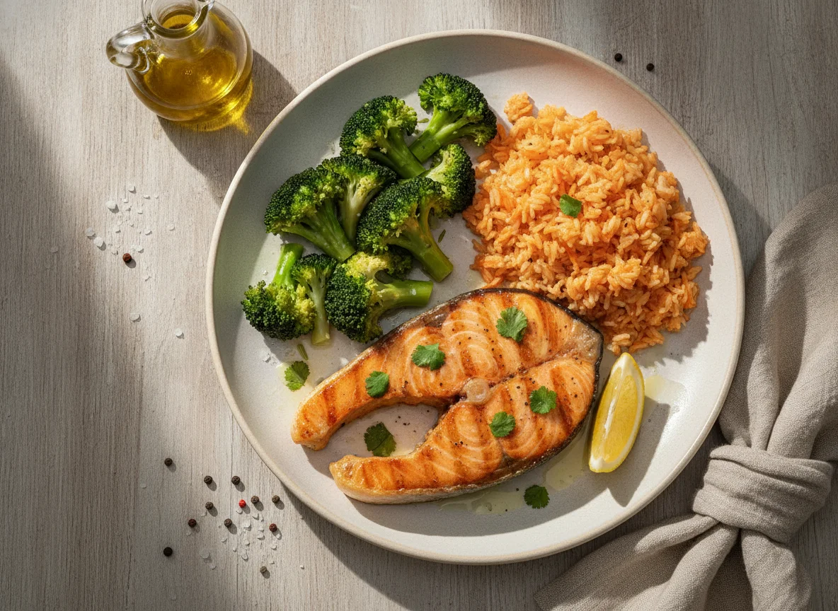 Salmão Grelhado com Arroz e Brócolos photo