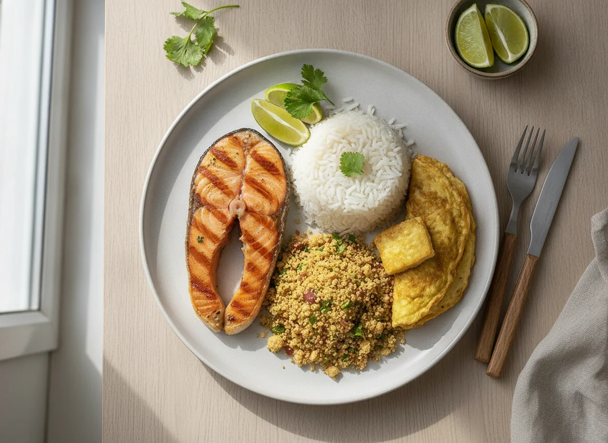 Salmão grelhado com arroz e farofa photo