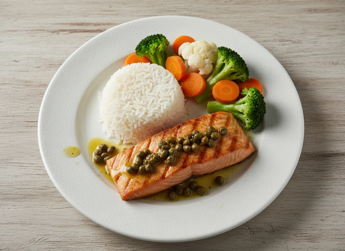 Salmão grelhado com arroz e legumes photo