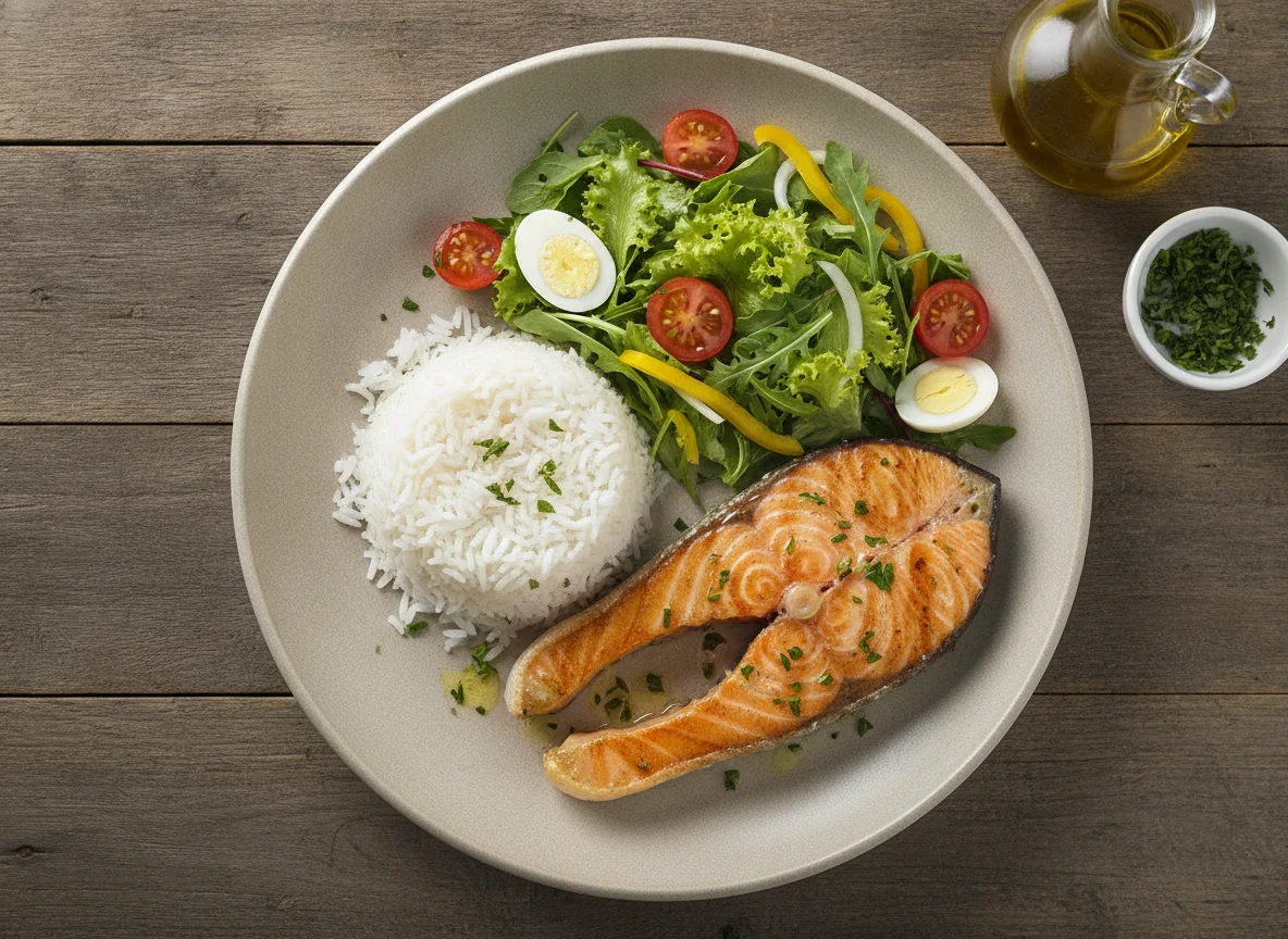 Salmão grelhado com arroz e salada mista photo
