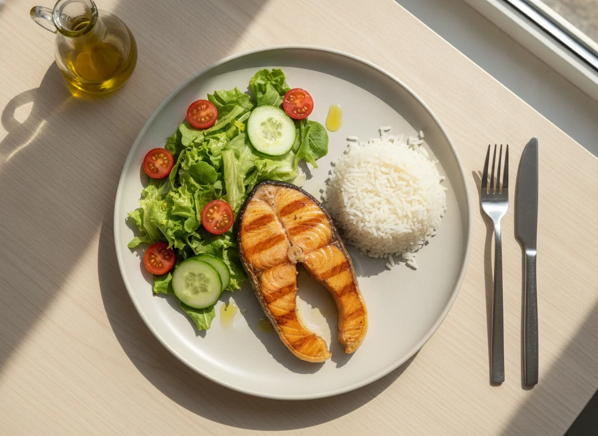 Salmão Grelhado com Arroz e Salada photo