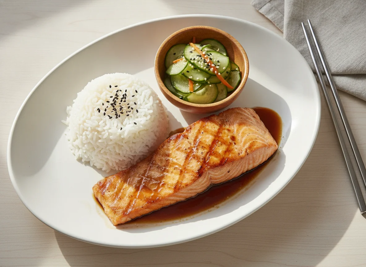 Salmão Grelhado com Arroz e Sunomono photo