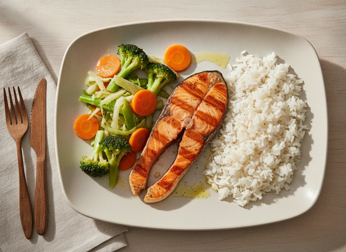 Salmão Grelhado com Arroz e Vegetais photo