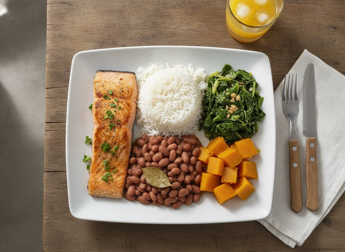 Salmão grelhado com arroz, feijão, abóbora e couve photo