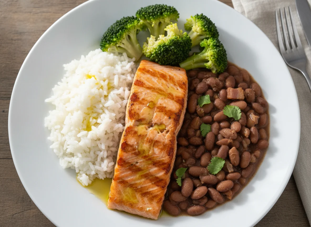 Salmão grelhado com arroz, feijão e brócolis photo