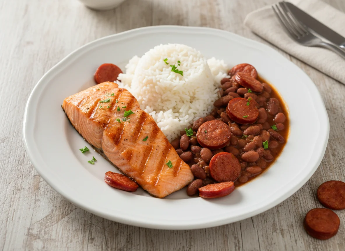 Salmão grelhado com arroz, feijão e linguiça photo
