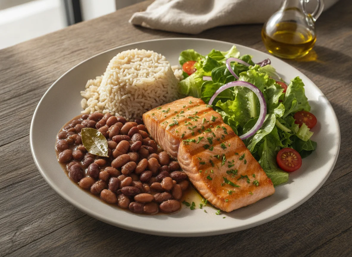 Salmão grelhado com arroz, feijão e salada photo
