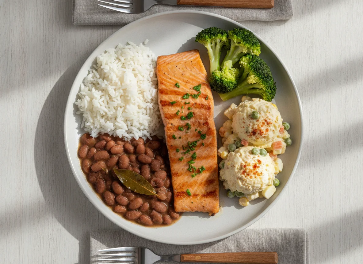 Salmão grelhado com arroz, feijão e salada de maionese photo