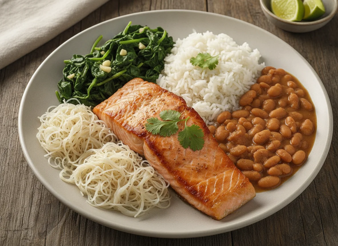 Salmão grelhado com arroz, feijão, espinafre e macarrão de arroz photo