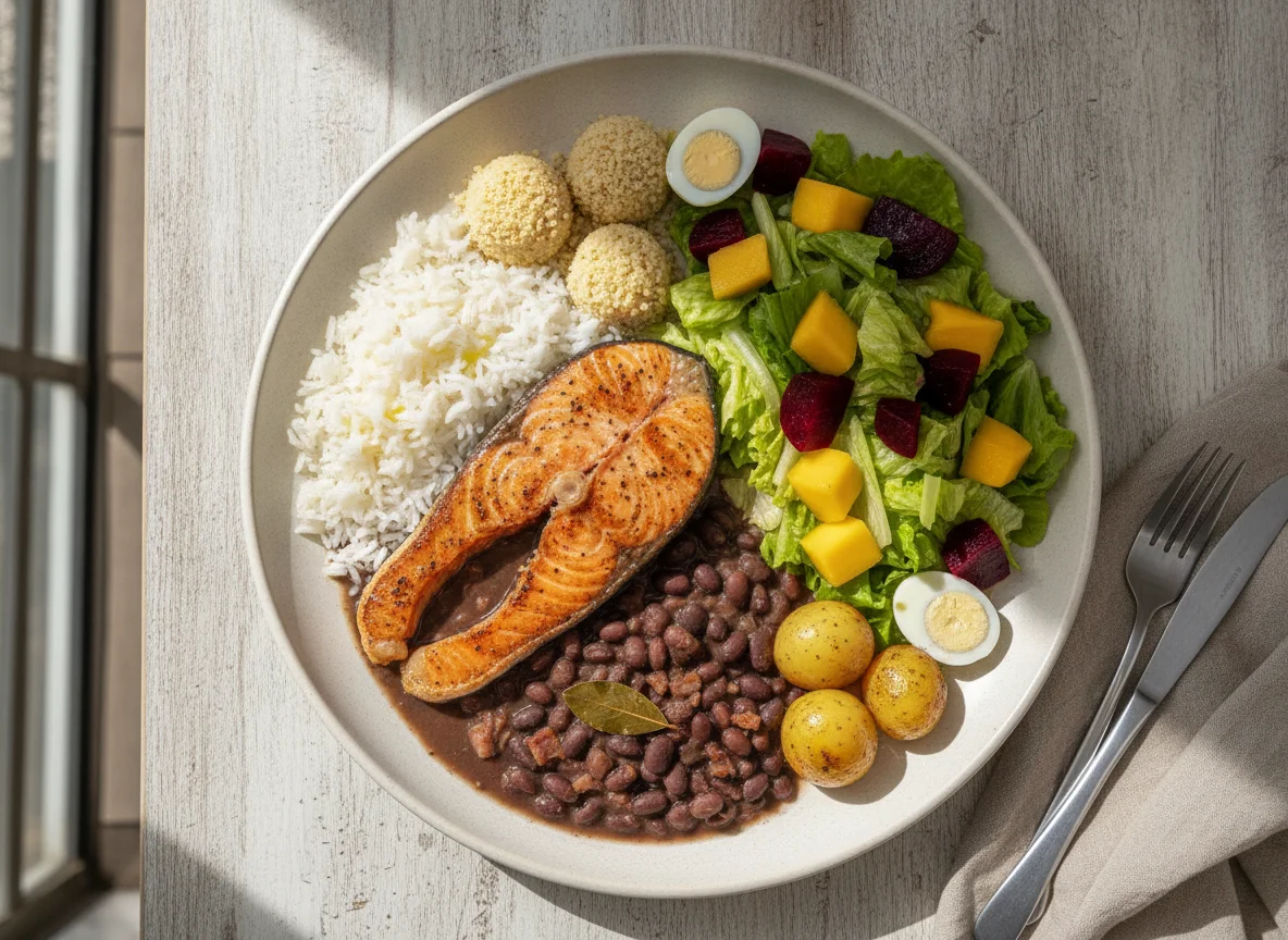 Salmão grelhado com arroz, feijão, salada e acompanhamentos photo