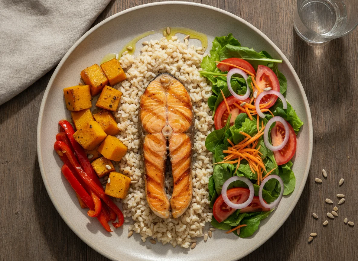 Salmão grelhado com arroz integral, abóbora assada e salada photo