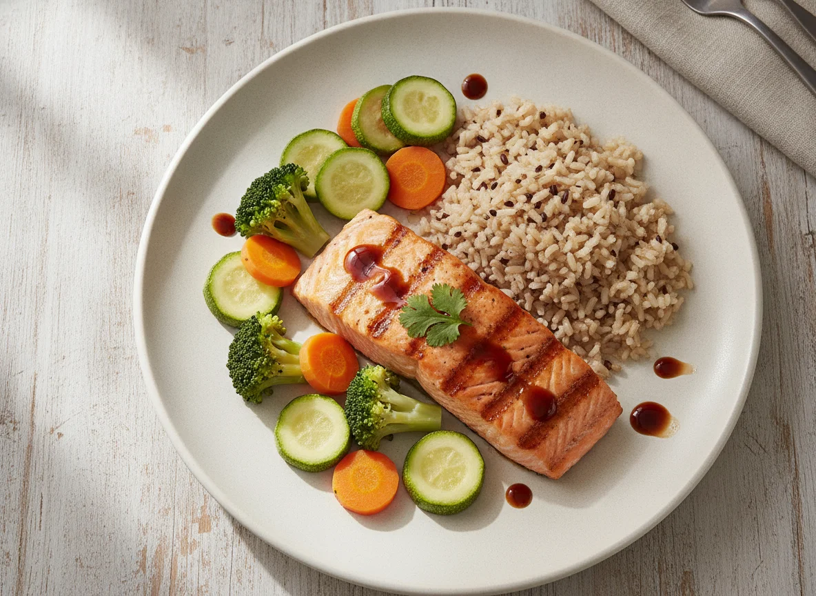 Salmão Grelhado com Arroz Integral e Legumes photo