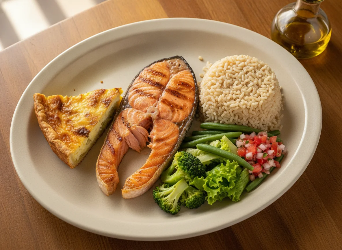 Salmão Grelhado com Arroz Integral, Quiche e Salada photo