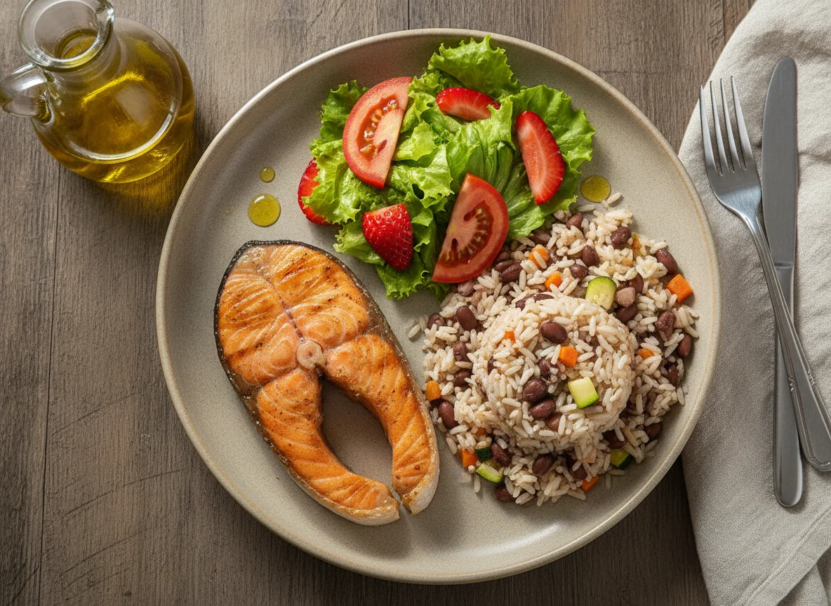Salmão grelhado com arroz misto e salada photo