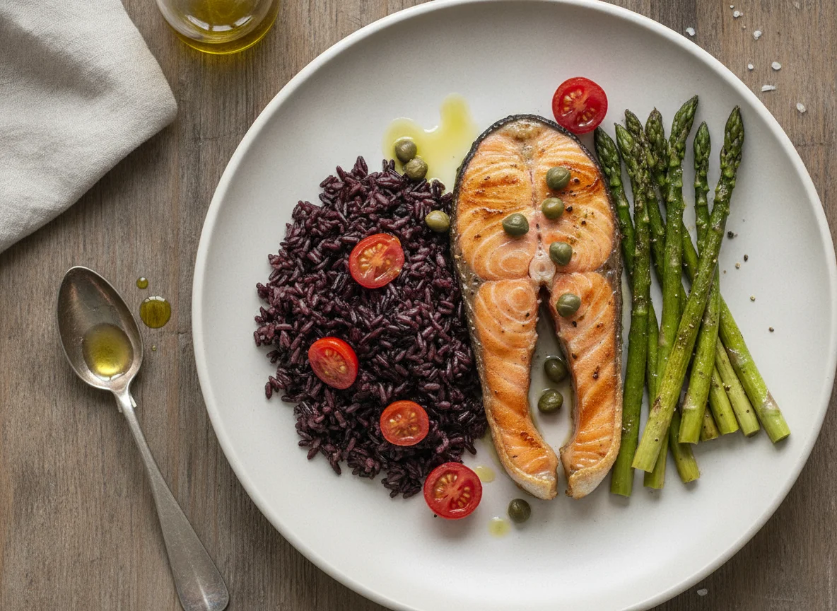 Salmão grelhado com arroz negro e aspargos photo