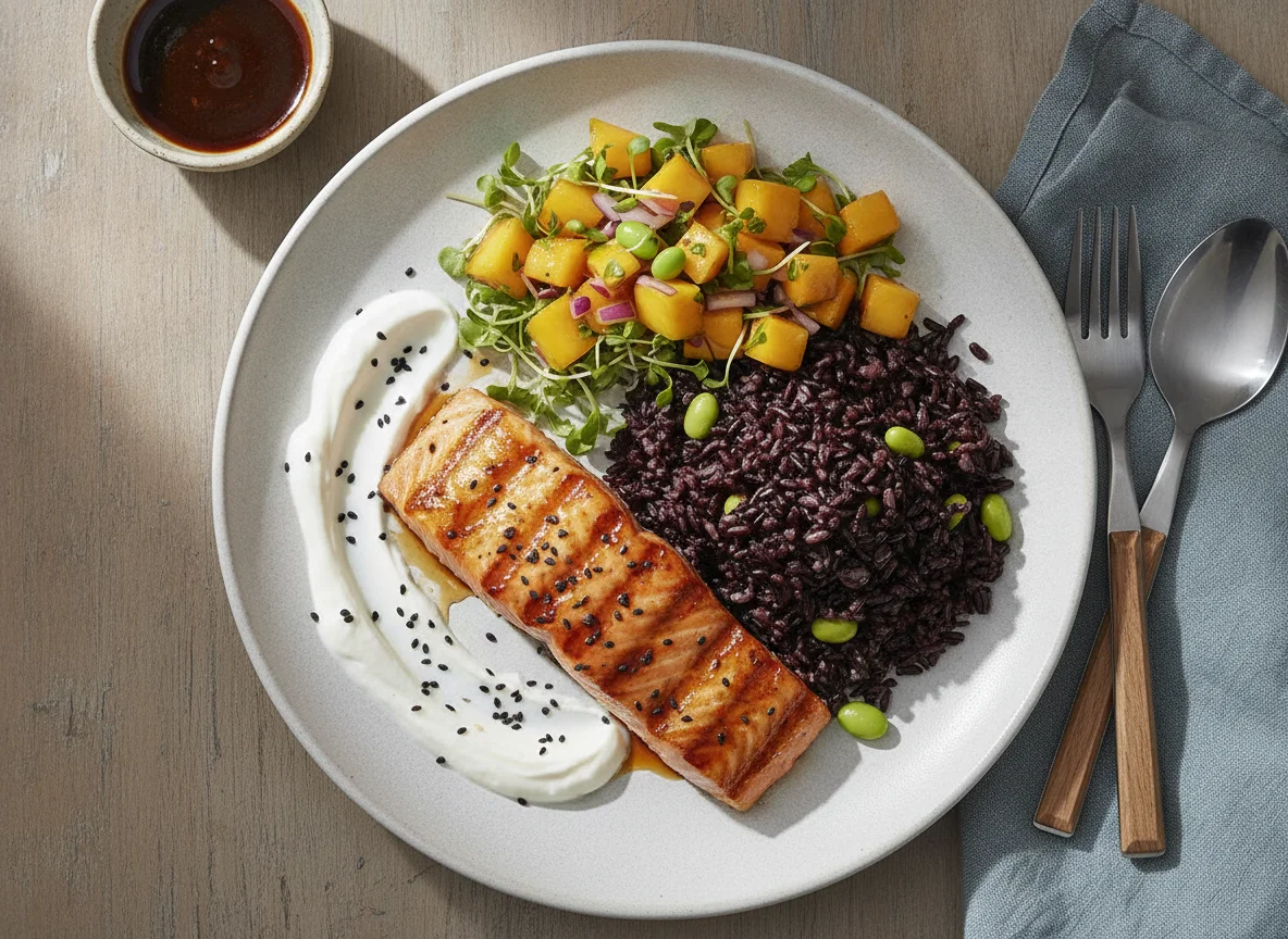 Salmão Grelhado com Arroz Negro e Manga photo