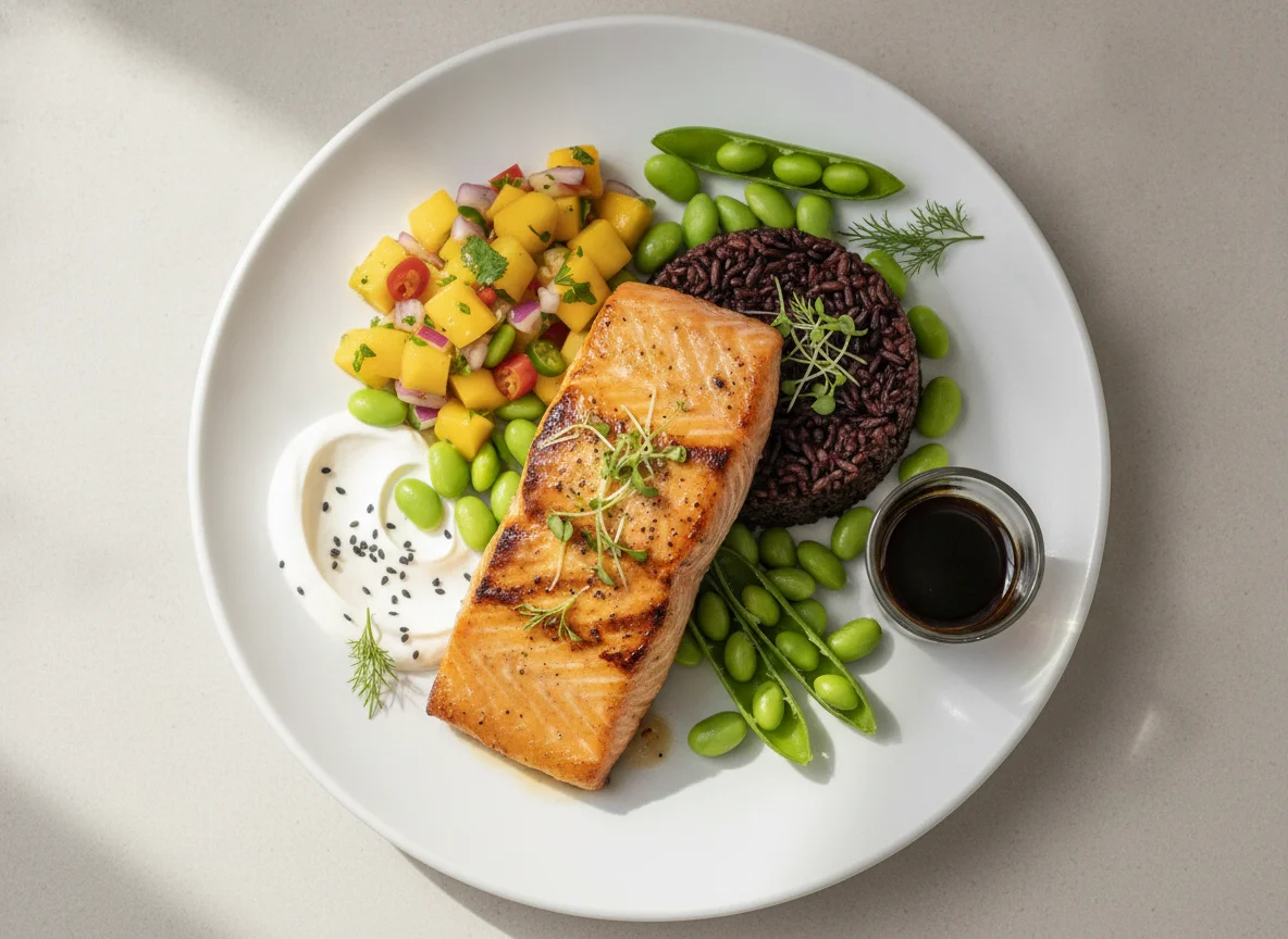 Salmão Grelhado com Arroz Negro, Edamame e Salsa de Manga photo