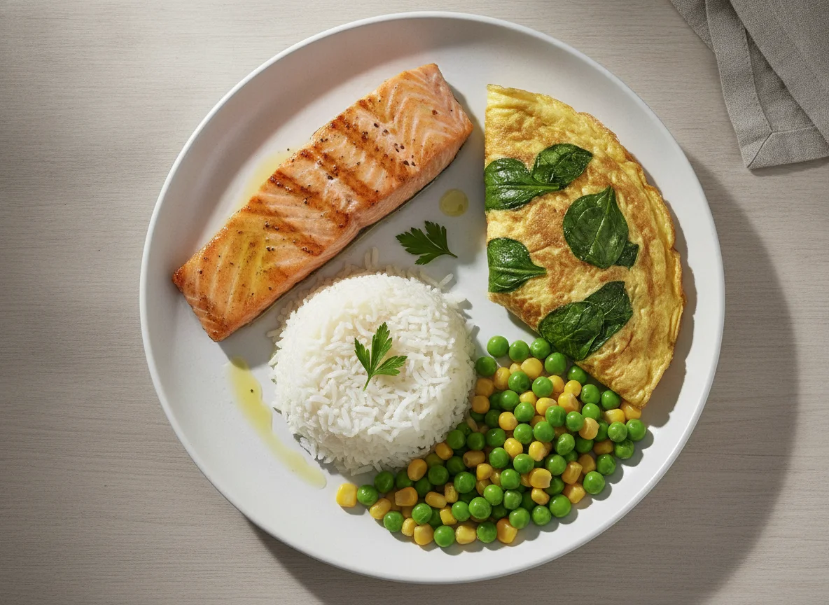 Salmão grelhado com arroz, omelete de espinafre e seleta de legumes photo
