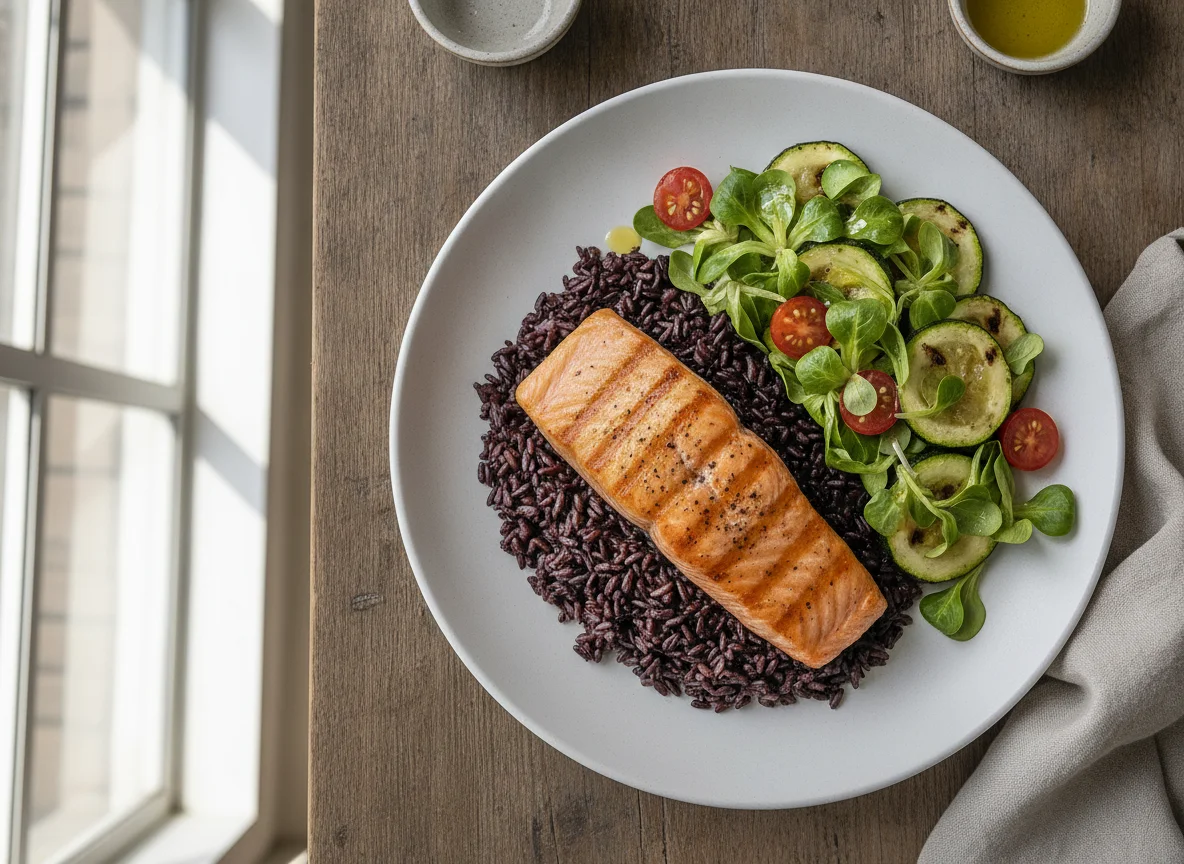 Salmão grelhado com arroz preto e salada photo